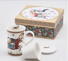 PORCELAIN TEA CUP WITH INFUSION AND LID - RUNNING HORSES AMBRA